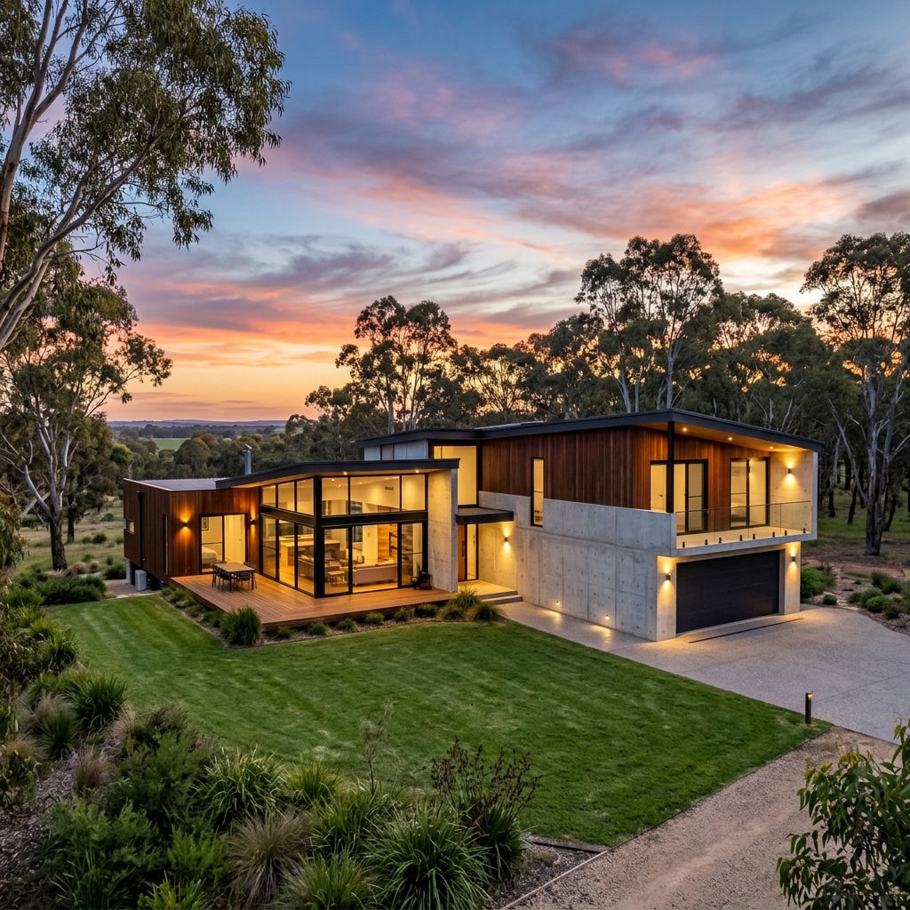 Premium modern home exterior with wood and dark steel accents